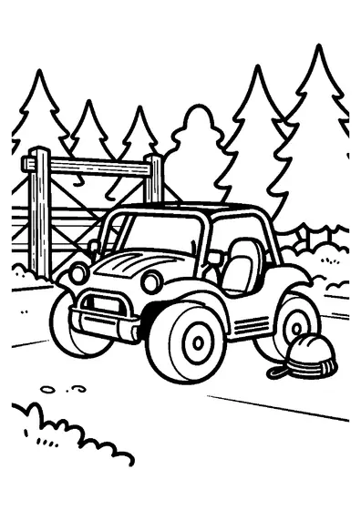 Buggy de teren parcat lângă poarta din lemn a unui parc de aventură printre pini.