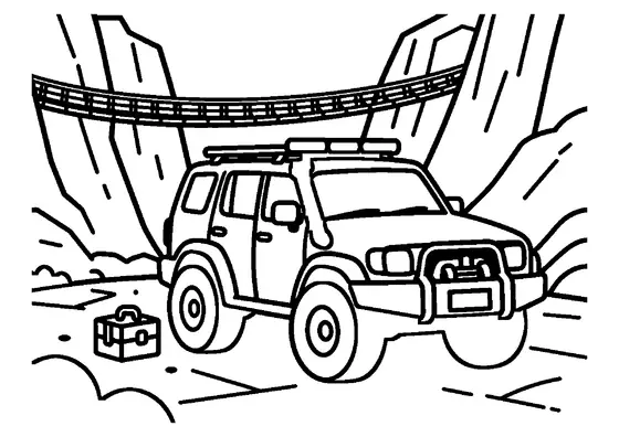 SUV de salvare montană parcat la intrarea pe un pod suspendat din frânghii, deasupra unei văi alpine.