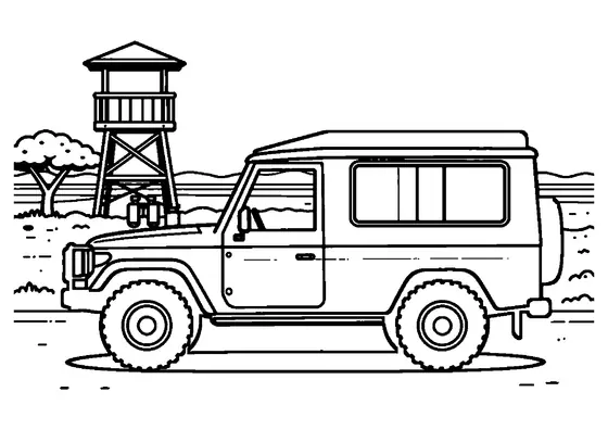 Ausmalbild mit einem offenen Safari-Geländewagen, der neben einem hölzernen Aussichtsturm geparkt ist.