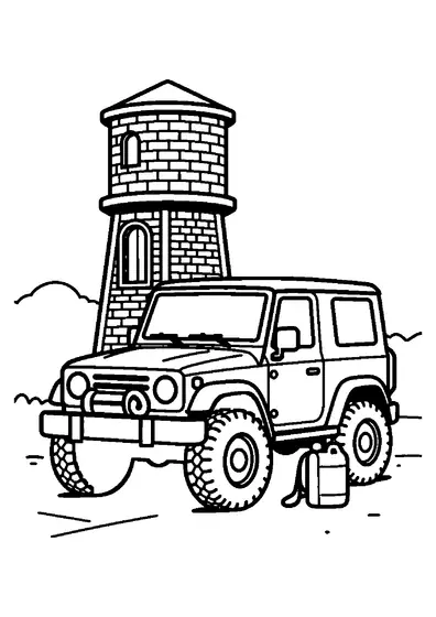 Desenho para colorir com um jipe clássico equipado com um guincho em frente a uma torre de água de tijolos.