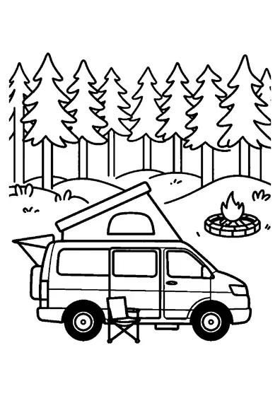 O autorulotă 4x4 de aventură, cu plafon extensibil pentru cort, într-o pădure de conifere.