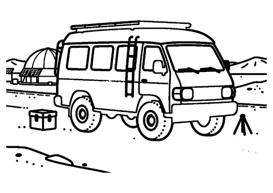 Dubă 4x4 cu scară și roată de rezervă montată în spate, lângă un dom geodezic pentru cercetări geologice.