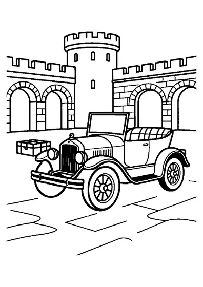 A tall early motor car stands beside a travel trunk in a stone castle courtyard.