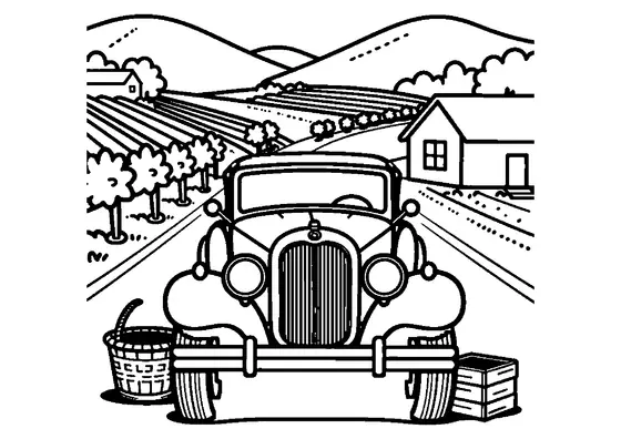 An elegant vintage convertible beside a harvest basket among rows of grapevines.