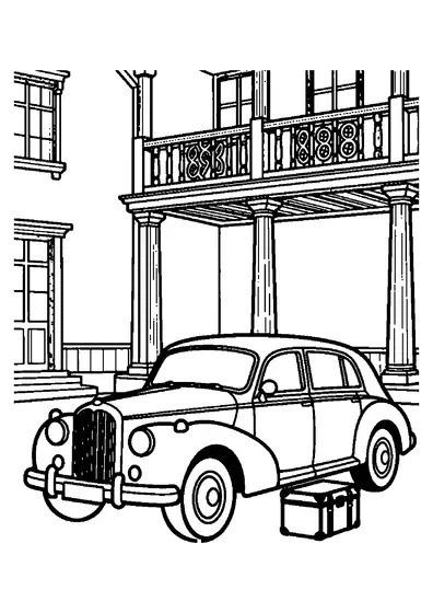 Une élégante limousine rétro aux roues à rayons devant un établissement thermal doté de colonnes.