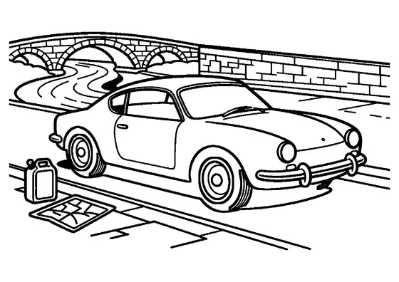 Kolorowanka z retro autem sportowym coupé na zabytkowym kamiennym moście nad rzeką.