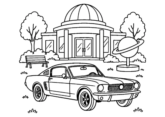 Classic coupe outside a domed science center with a ringed planet model, bench, trees, and shrubs.