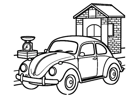 Un Volkswagen Broscuță clasic din anii 1960, parcat lângă un cântar mecanic și o trusă de scule.