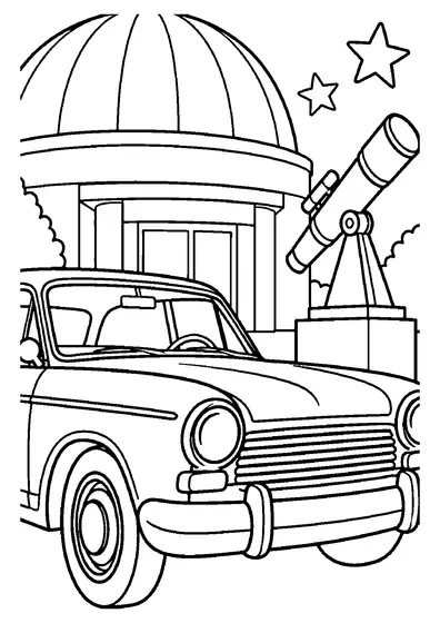 A vintage sedan with a round headlight and a chrome grille is parked in front of a domed planetarium and a telescope.