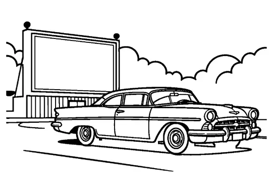 A long 1950s car parked in front of the large screen at a drive-in theater.