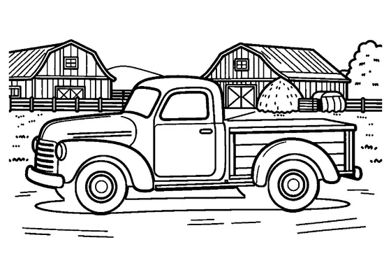 An old pickup truck beside produce crates in a farmyard with a barn and haystack.