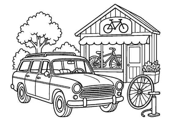 Vintage station wagon outside a bicycle shop with a bike, spare wheel, pump, trees, and flowers.
