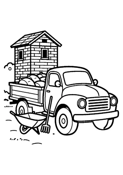 Camionetă agricolă de epocă, parcată lângă un hambar vechi din piatră, o roabă și o furcă.
