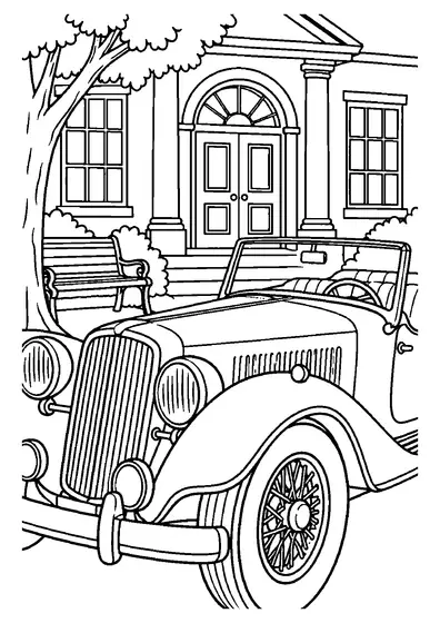 Open 1930s-style roadster with wire-spoke wheels and round headlights parked outside a columned library with a bench and tree