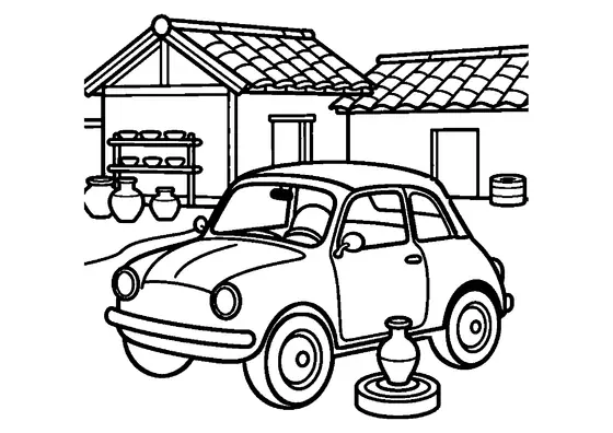Automobil clasic de turism, cu patru portiere și plafon deschis, parcat lângă ulcioare de lut și un atelier rural de olărit.