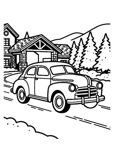 A rounded vintage sedan beside a luggage sled outside a mountain hotel in winter.