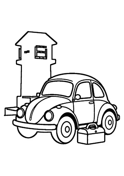 Volkswagen Broscuță clasic, cu o cutie de scule, parcat lângă o stație electrică veche din cărămidă.