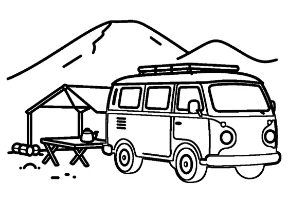 Un ancien minibus de camping avec galerie de toit, garé près d’un refuge de montagne en bois.