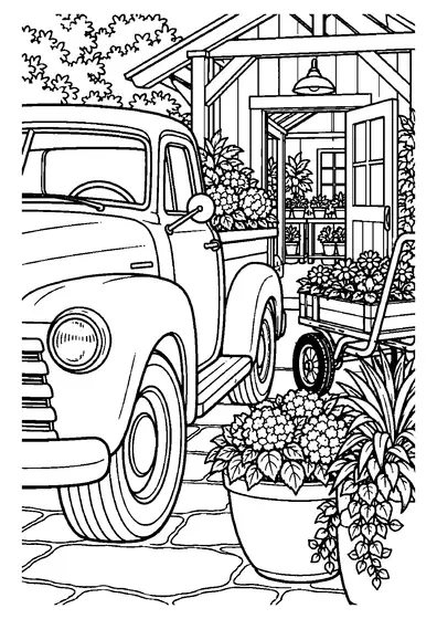 A vintage pickup truck with flowers in its bed outside a wooden garden shop, with a flower cart and large potted plants