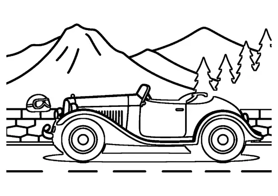 Kolorowanka przedstawia retro roadster na krętej drodze w wysokich górach.