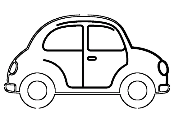 Coche retro de formas redondeadas visto de perfil, con contornos claros en las puertas, las ruedas y los faros para que los niños lo coloreen.