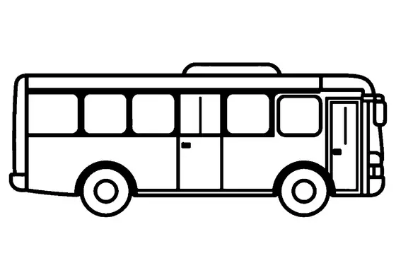 Disegno di un autobus urbano visto di lato con una fila di finestrini, porte e due ruote su sfondo bianco.