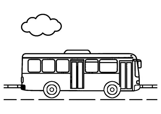 Coloração de um autocarro urbano com duas portas, grandes janelas, rodas e uma nuvem no céu, pronta para colorir.