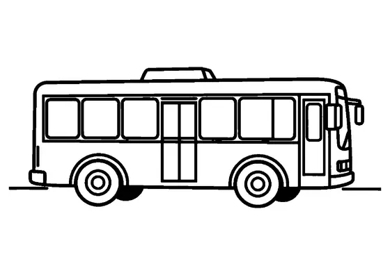 Buss med stora fönster, dubbeldörrar och hjul, med rena ytor att färglägga med kritor.