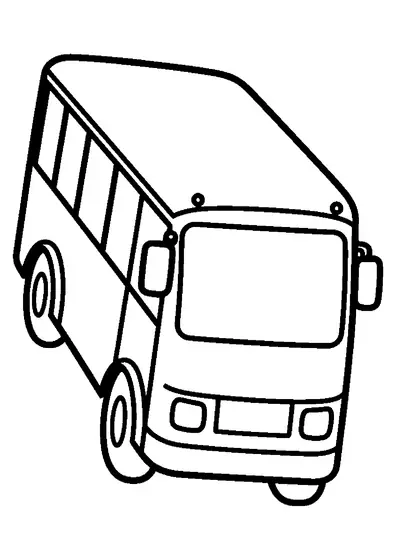 Desenho de um autocarro urbano a subir uma rampa, visto de frente, com um grande para-brisas, espelhos retrovisores e um teto largo para colorir.