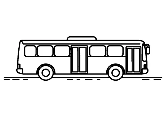 Buss med sidovy med stora fönster och dubbla dörrar, ren ritning med tydliga konturer för barn
