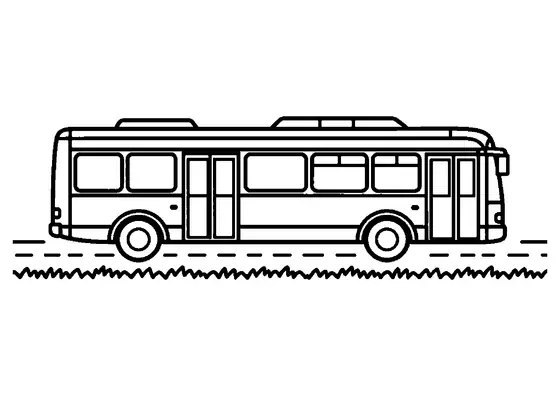 Miejski autobus widziany z boku jedzie po drodze, a pod nim rozciąga się pas trawy. Duże okna i czysta burta dają wygodne pola do kolorowania.