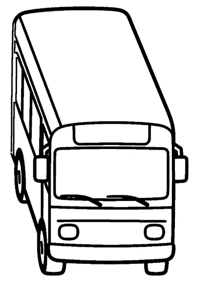 En stadbuss synlig uppifrån med ett stort tak, en bred framruta och sidofönster på en ren vit bakgrund.