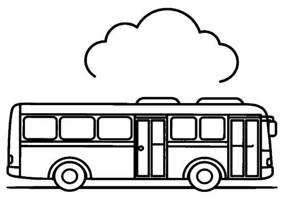 Färgläggningsbild för barn med en stor stadbuss med fönster och dörrar, ovanför vilken ett fluffigt moln svävar.