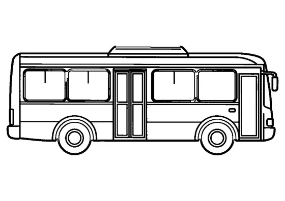 Coloração de um autocarro urbano moderno visto de lado, com janelas, portas e rodas bem definidas, pronto para ser colorido pelas crianças.