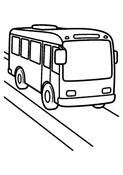 Autocarro urbano grande com um para-brisas largo e grandes janelas na estrada, contorno limpo para colorir para crianças.