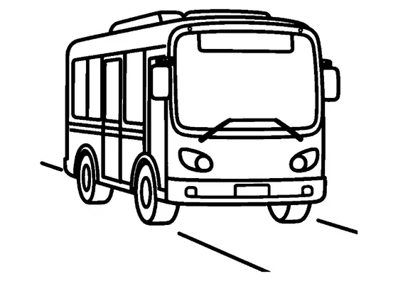 A coloração mostra um autocarro urbano a conduzir numa estrada com um grande para-brisas e portas, com áreas limpas ideais para colorir.