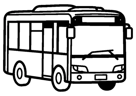 Autobus miejski z niskim dachem widziany z przodu, z dużą przednią szybą, lusterkami i drzwiami dla pasażerów do pokolorowania.