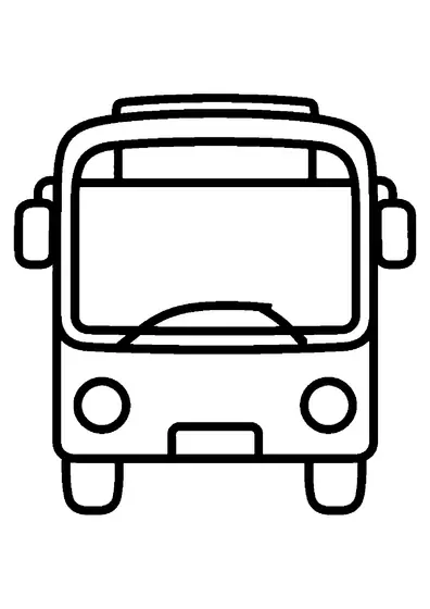Buss med stor panoramavindruta, backspeglar och runda strålkastare är en enkel färgläggningsbild för barn med stora ytor att måla.