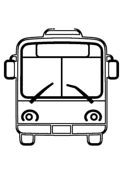 Autobus miejski widoczny od przodu z dużą przednią szybą, lusterkami i reflektorami, czysty kontur dla dzieci