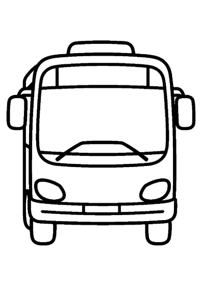 Folha de colorir que representa um autocarro urbano com uma frente arredondada, um grande para-brisas e espelhos retrovisores com contornos limpos para