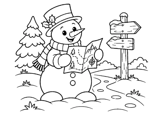 Smiling snowman reading an open trail map on a snowy path beside a blank wooden signpost and a pine tree.