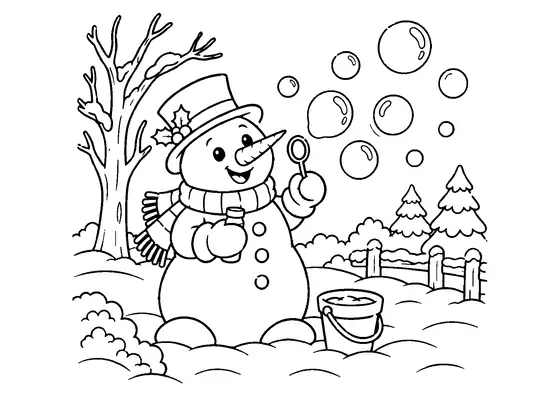 Smiling snowman blowing large soap bubbles with a wand in the snow, holding a small bottle beside a bucket.