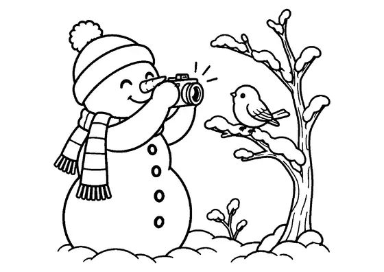 Cheerful snowman photographing a small bird on a low snowy branch beside a bare tree in a winter scene.
