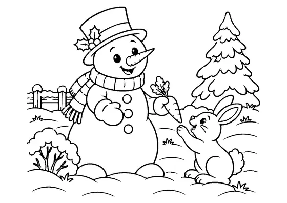 Smiling snowman offering a leafy carrot to a small rabbit in the snow, with a pine tree and fence behind them.