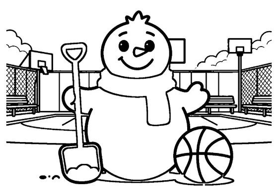 Ein Schneemann mit Schal steht neben einem Ball und einer Schaufel auf einem verschneiten Basketballplatz.