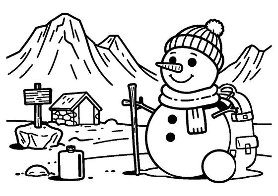 Un muñeco de nieve con gorro y bastón en un puerto de montaña ventoso entre cumbres elevadas.