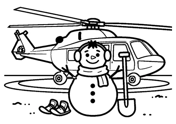 Um boneco de neve com roupa de inverno está em pé ao lado de um helicóptero de resgate num heliponto.