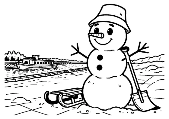 Ein Schneemann mit Fischerhut steht neben einem Schlitten auf einem verschneiten Weg am Kanal mit Lastkahn.