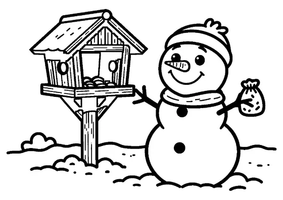Ausmalbild mit einem Schneemann neben einem hohen hölzernen Taubenschlag mit Dach auf einem ländlichen Hof.
