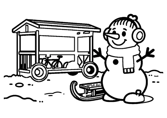 Ausmalbild mit einem Schneemann in Ohrenschützern neben einem überdachten Fahrradunterstand in einem Wohnviertel.